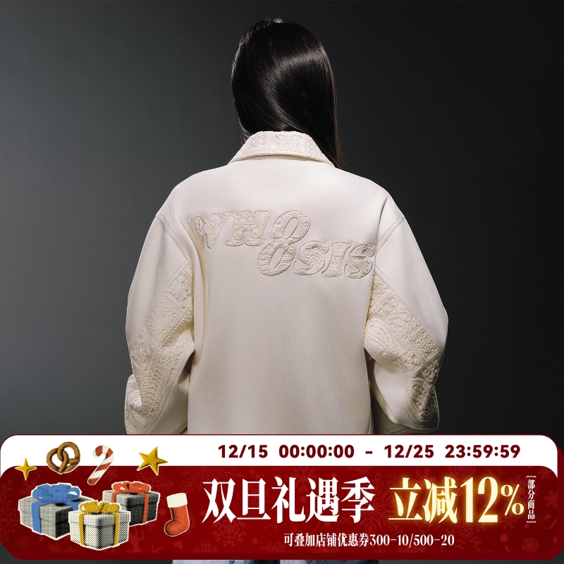 WHOOSIS（不知其名）蕾丝贴布刺绣麂皮夹克外套秋季酷飒chic女潮