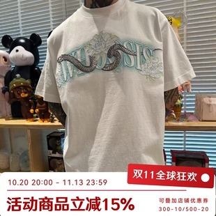 WHOOSIS（不知其名）蛇纹刺绣短袖正肩t恤新中式春夏宽松情侣男女