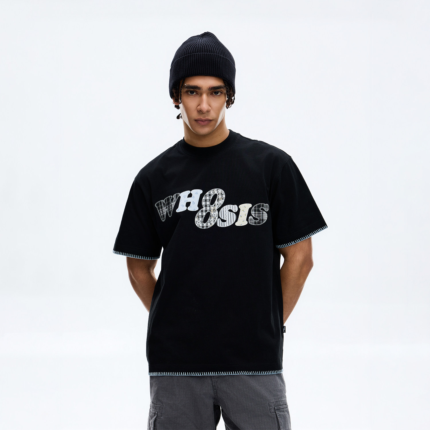 WHOOSIS（不知其名）蕾丝碎花格子贴布短袖T恤夏季宽松校园男女潮