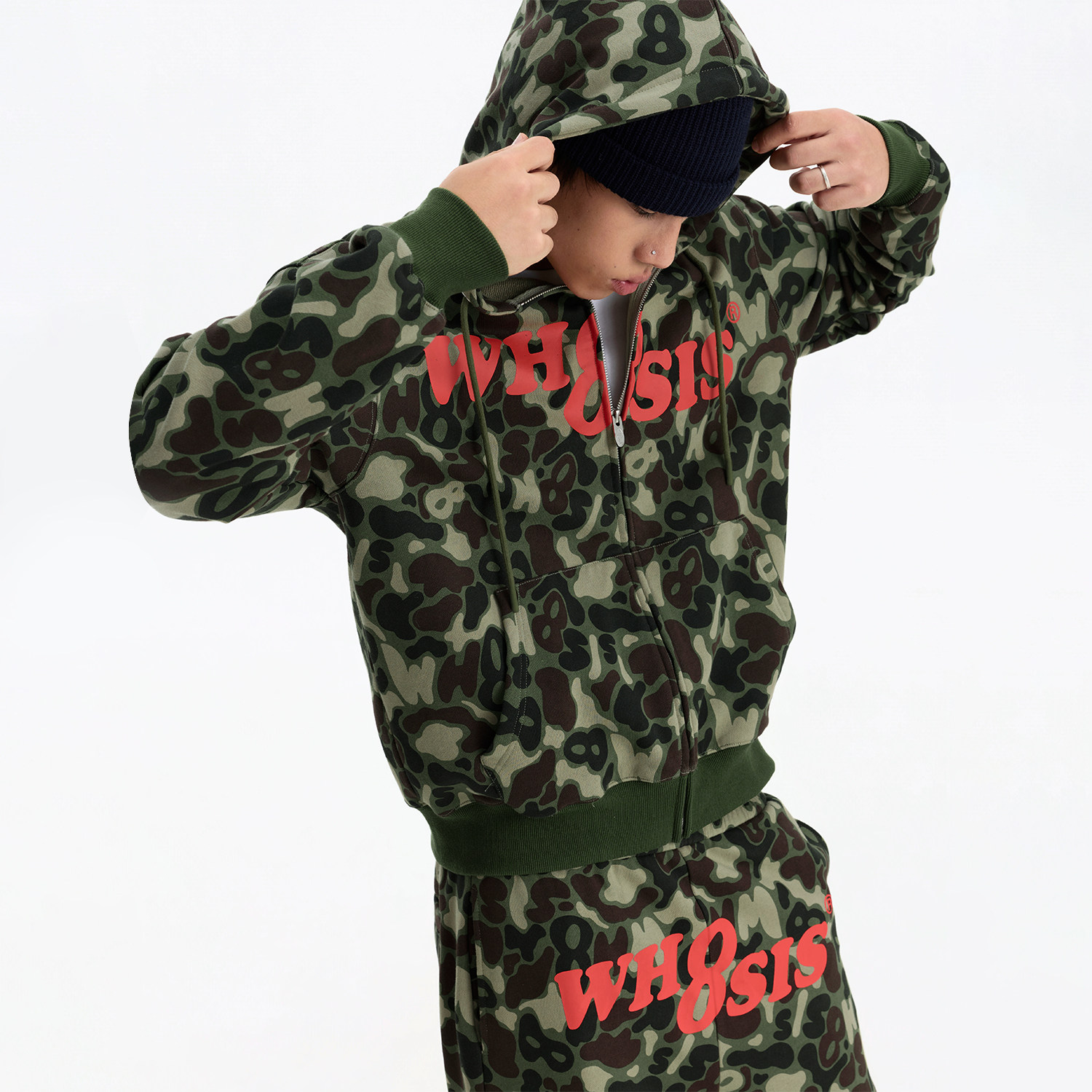 WHOOSIS（不知其名）迷彩logo印花拉链帽衫外套秋季套装男女校园图片