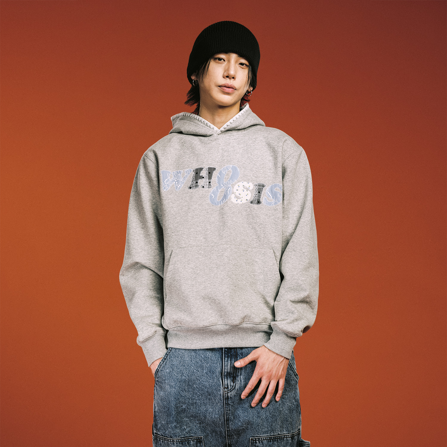 WHOOSIS（不知其名）碎花牛仔贴布绣帽衫连帽卫衣秋百搭松弛感男