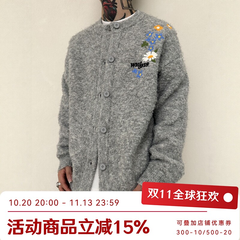 WHOOSIS（不知其名）花卉刺绣开衫毛衣外套秋冬简约情侣校园男女