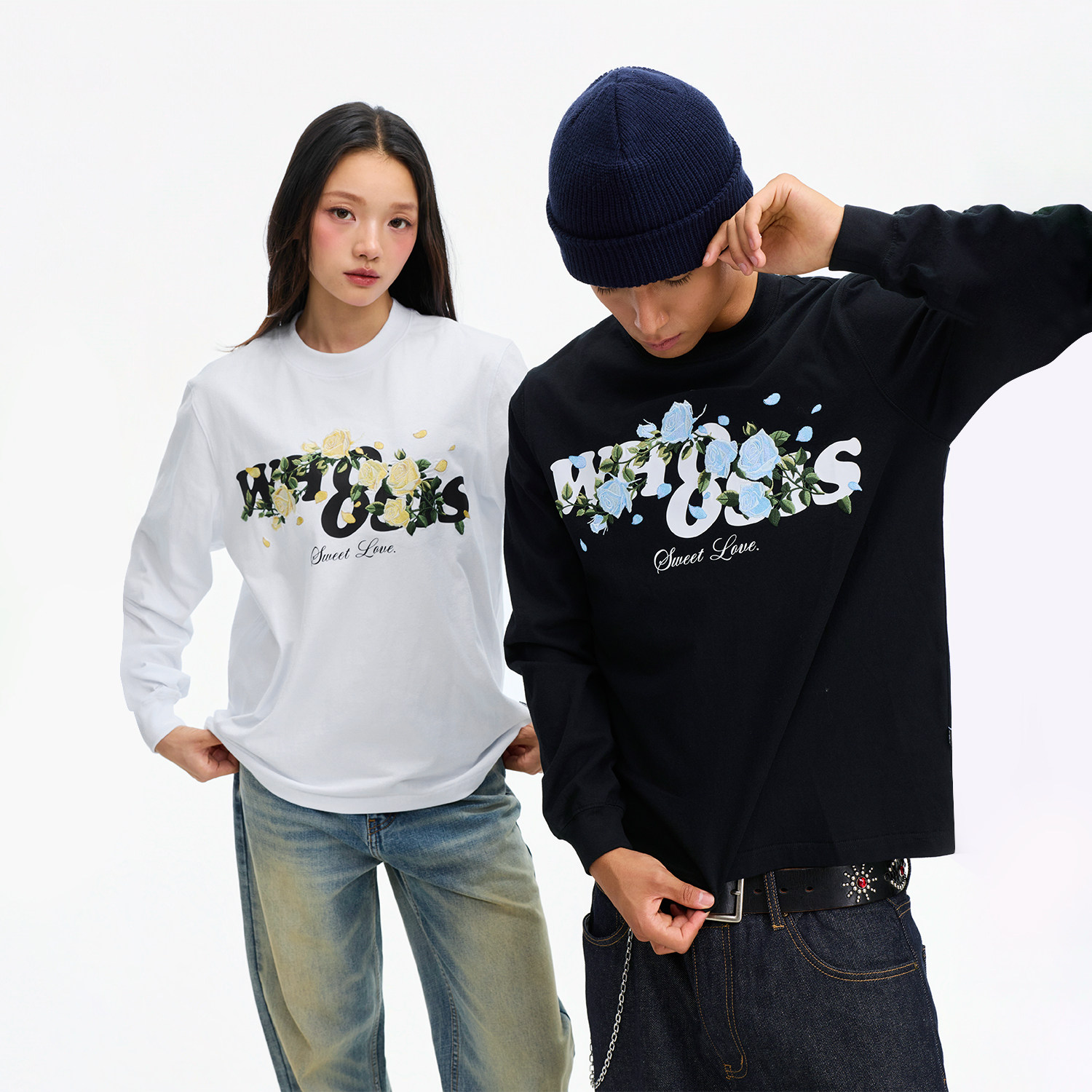 WHOOSIS（不知其名）玫瑰刺绣长袖T恤秋季简约百搭休闲宽松型男女图片