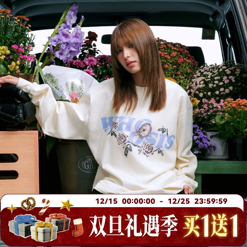 WHOOSIS（不知其名）破碎玫瑰烫钻长袖T恤秋季酷飒独特美式男女潮