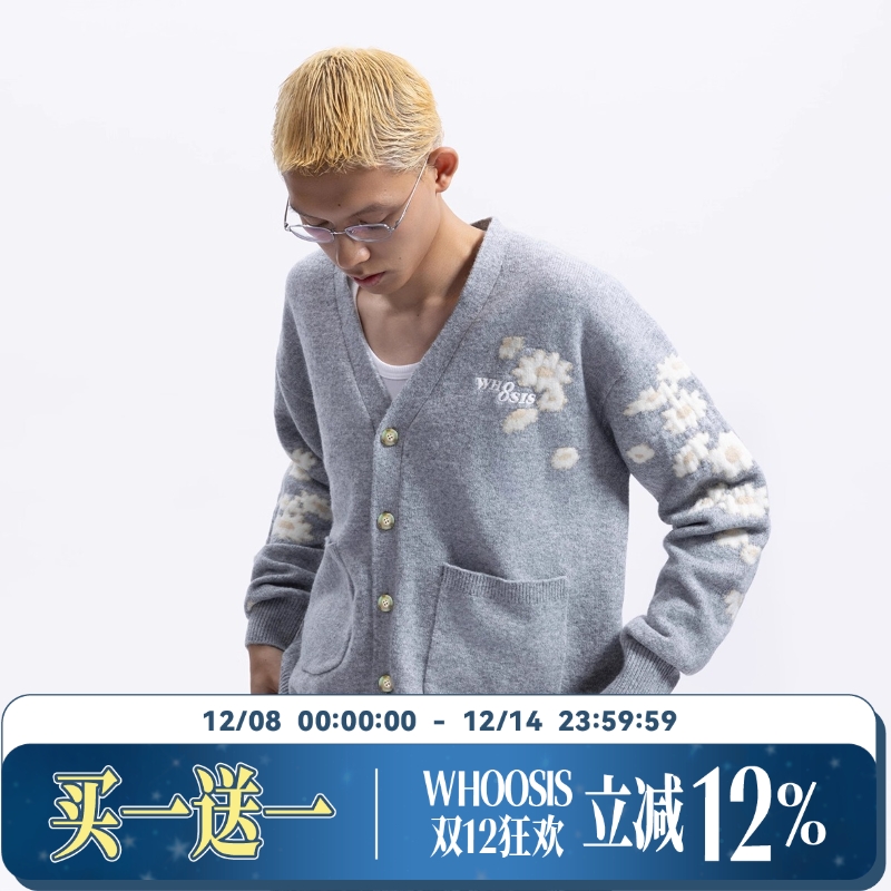 WHOOSIS（不知其名）散落雏菊提花毛衣开衫外套秋冬慵懒男女休闲