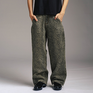 子男女美式 WHOOSIS 休闲裤 豹纹牛仔长裤 百搭宽松潮牌 不知其名
