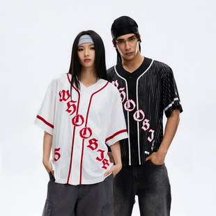 不知其名 中性风美式 棒球开衫 夏季 街头休闲潮男女 短袖 WHOOSIS