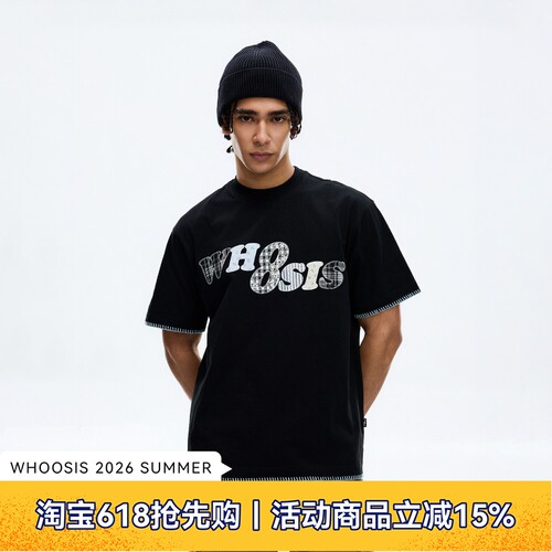WHOOSIS（不知其名）蕾丝碎花格子贴布短袖T恤夏季宽松校园男女潮