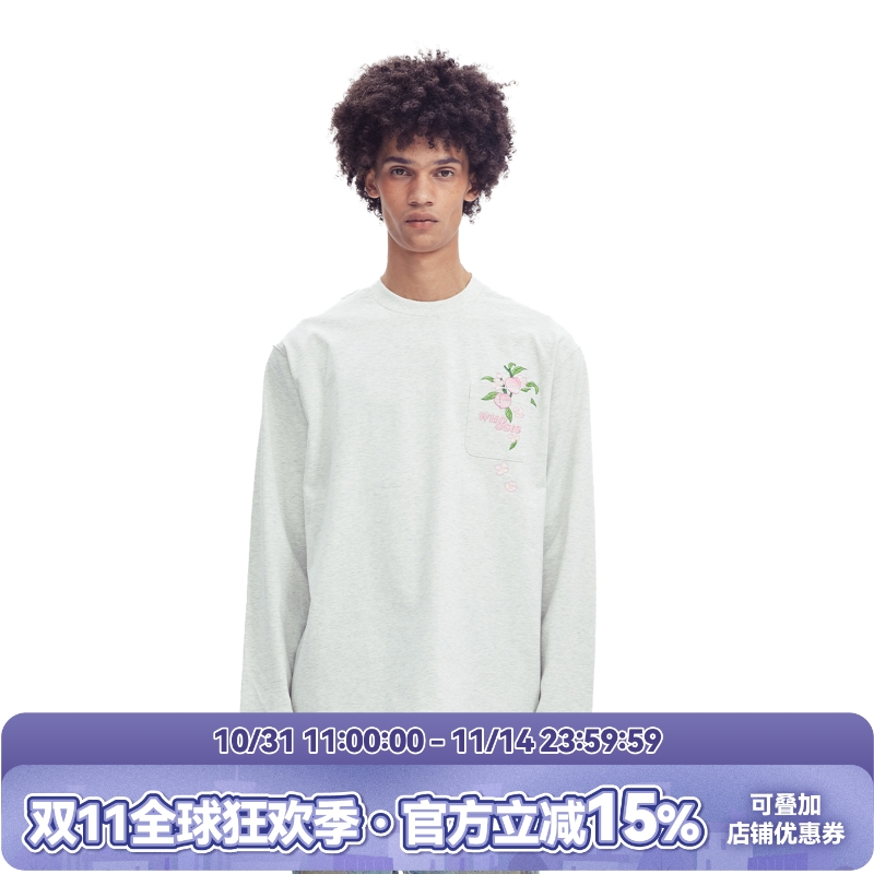 WHOOSIS（不知其名）水果花刺绣口袋长袖t恤打底春秋校园情侣男女