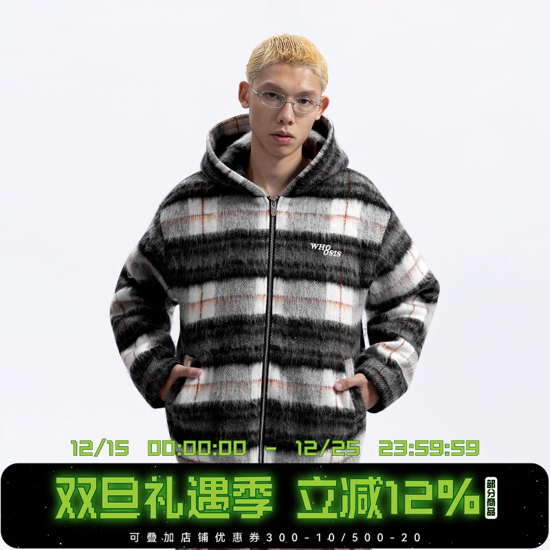 WHOOSIS（不知其名）格纹毛呢连帽外套夹克秋冬新款夹棉保暖男女