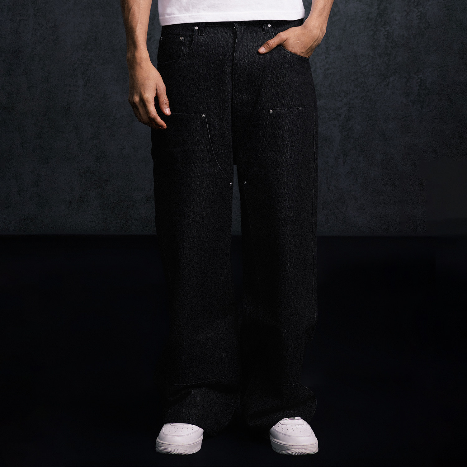 WHOOSIS RADIO 双膝黑色原色牛仔裤秋冬休闲裤长裤子宽松直筒男女