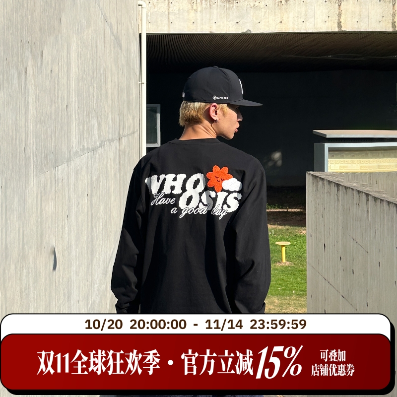 WHOOSIS（不知其名）天气系列钩针口袋长袖t恤百搭春秋男情侣校园