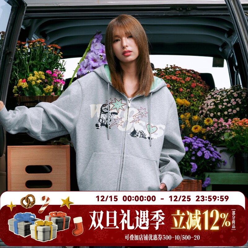 WHOOSIS（不知其名）小猫格子贴布拉链帽衫卫衣外套秋季酷飒男女