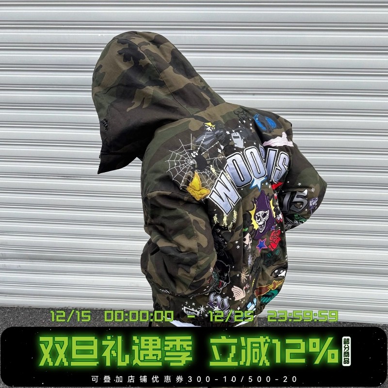 WHOOSIS（不知其名）迷彩章仔棉服外套秋冬棉衣酷飒潮牌美式男女