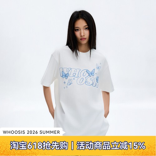 WHOOSIS（不知其名）格纹立体蝴蝶刺绣短袖T恤夏季圆领休闲风男女