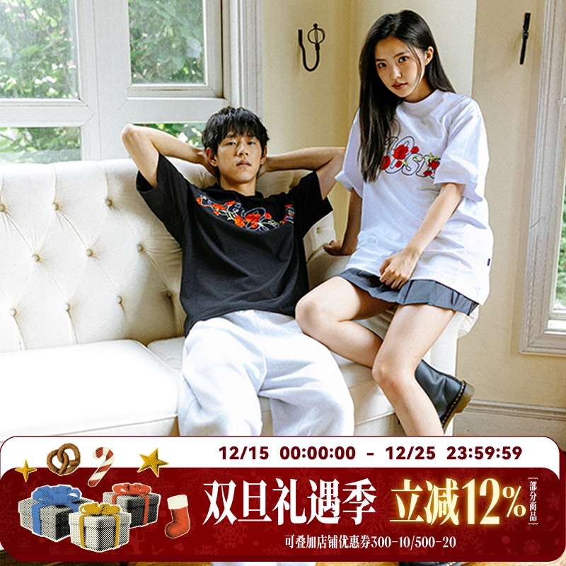 WHOOSIS（不知其名）玫瑰刺绣新中式短袖t恤美式休闲复古男女街头