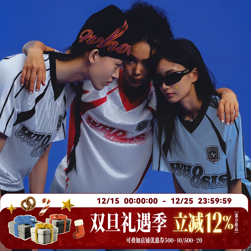 WHOOSIS（不知其名）条纹印花V领球服短袖T恤blockcore球衣美式男