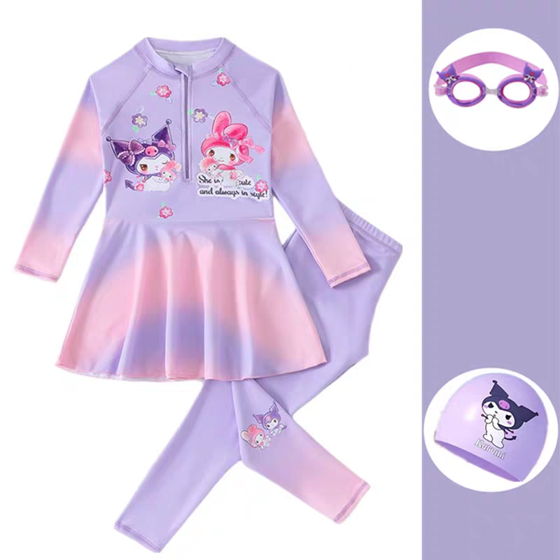 库洛米儿童泳衣女童小孩宝宝长袖长裤分体游泳衣裤泡温泉海边防晒