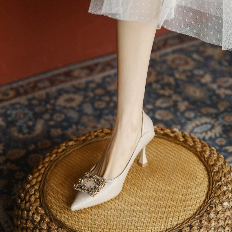 品牌清仓真皮高跟鞋女鞋2026春秋新款水钻法式职业细跟工作单鞋子