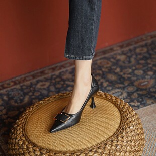 红婧铤清仓高跟鞋女2025春秋季新款细跟浅口方头百搭气质工作单鞋