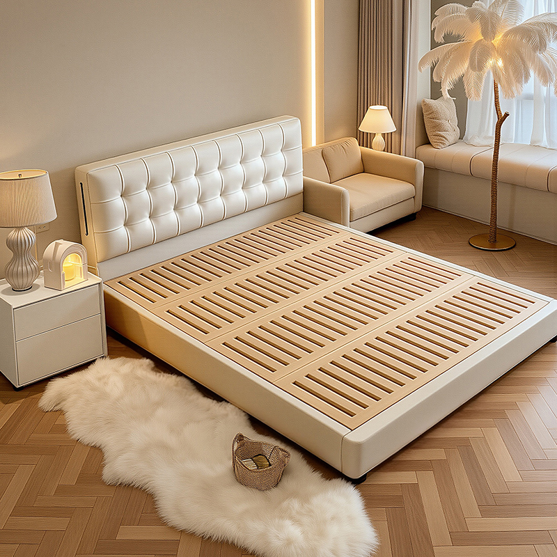 奶油风华夫格真皮床现代简约婚床