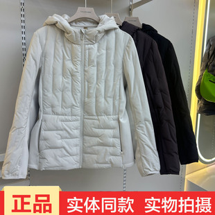 新款女士冬季轻薄小蛮腰连帽羊毛服女短款米白色拉链棉服外套显瘦