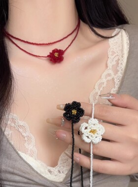 红色山茶花串珠显白双层锁骨链