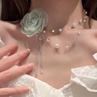 薄荷曼波网纱花朵珍珠流苏项链轻奢小众choker甜美气质法式锁骨链