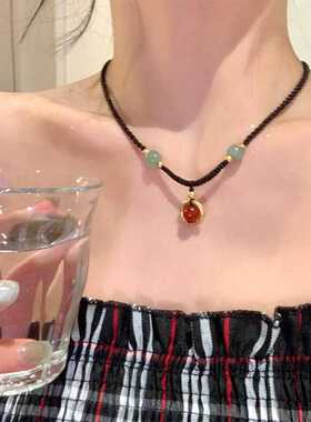 新中式红玛瑙平安扣项链配饰女精致气质颈链轻奢小众高级感锁骨链