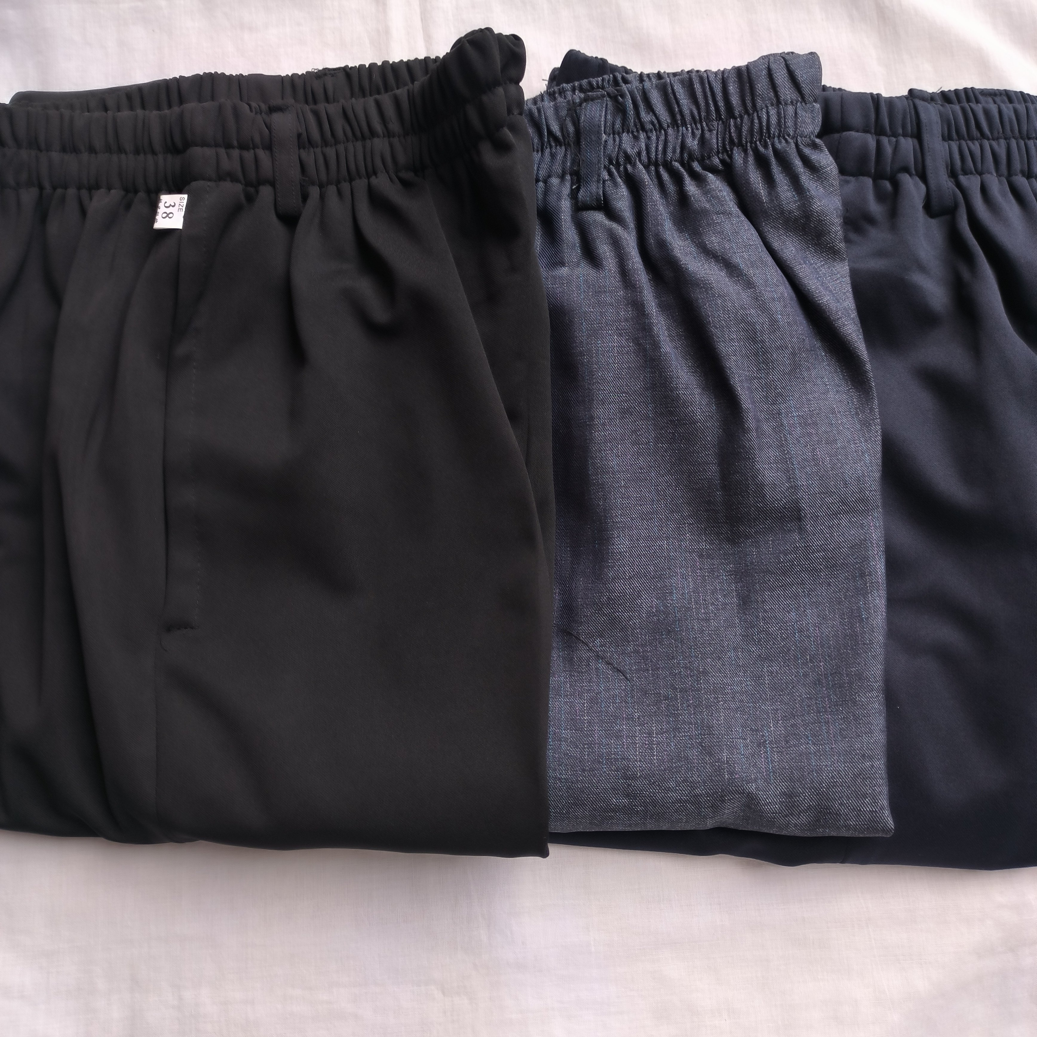 中老年男松紧裤宽松直筒长裤纯色麻纱棉布涤纶九分裤口袋休闲柔软