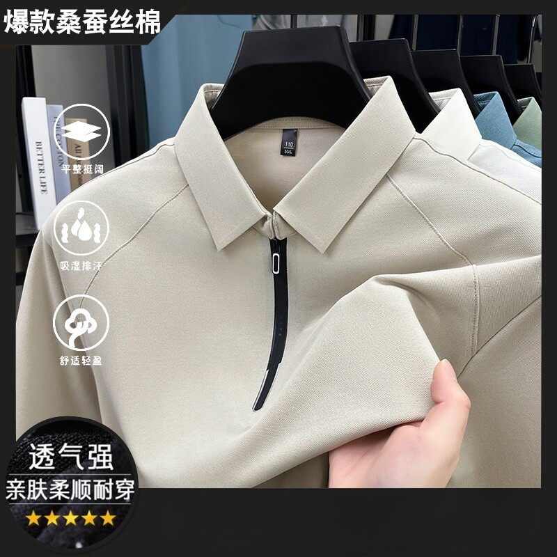 桑蚕丝短袖t恤男夏季新款翻领半拉链休闲商务透气冰丝光棉polo衫