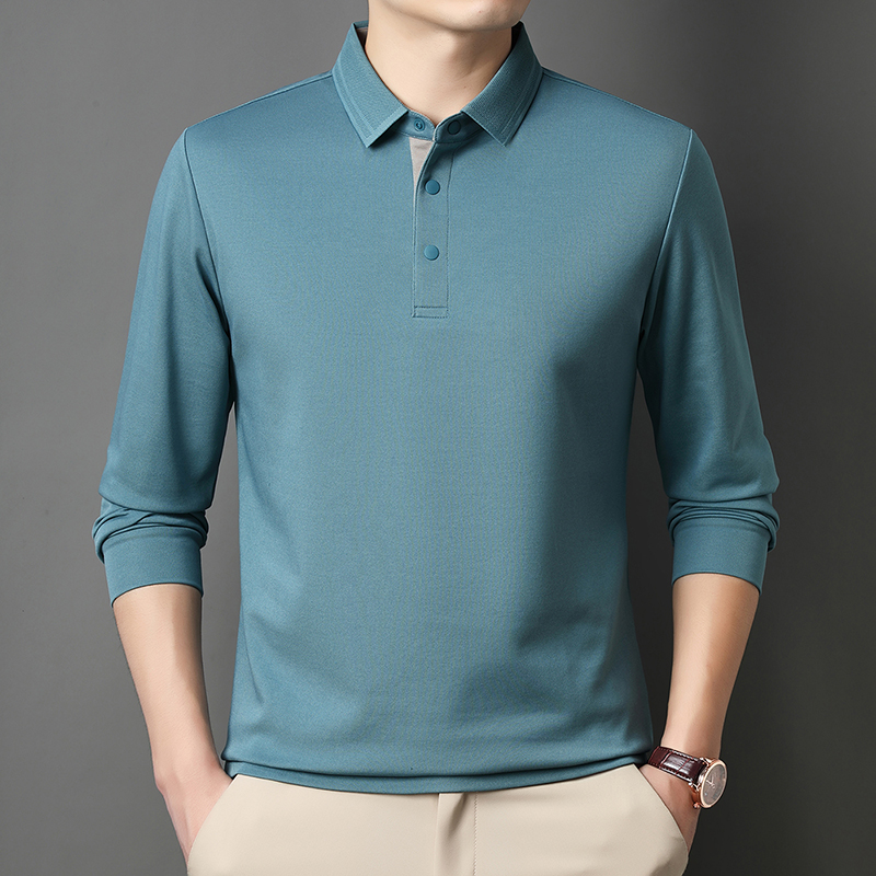 丝光棉翻领长袖T恤男士中年休闲宽松春秋季爸爸装免烫抗皱打底衫