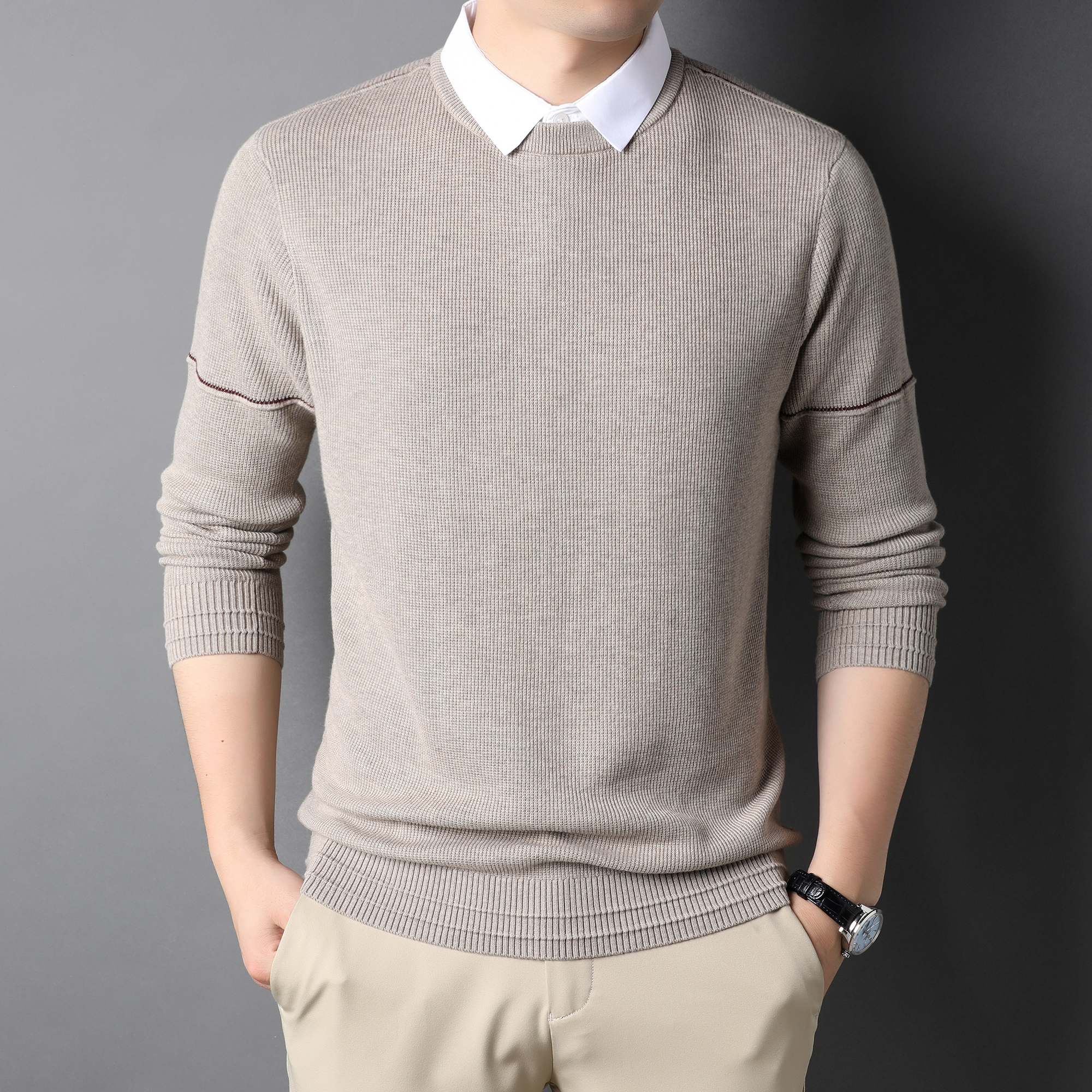 秋冬季衬衫领毛衣男士爸爸装