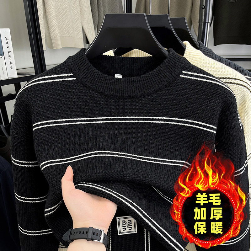 条纹圆领加厚毛衣男秋冬季羊毛衫