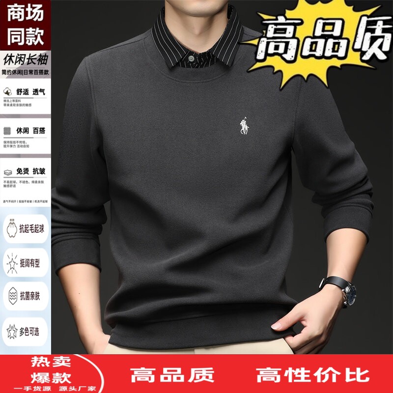 小马标刺绣长袖T恤男秋冬季