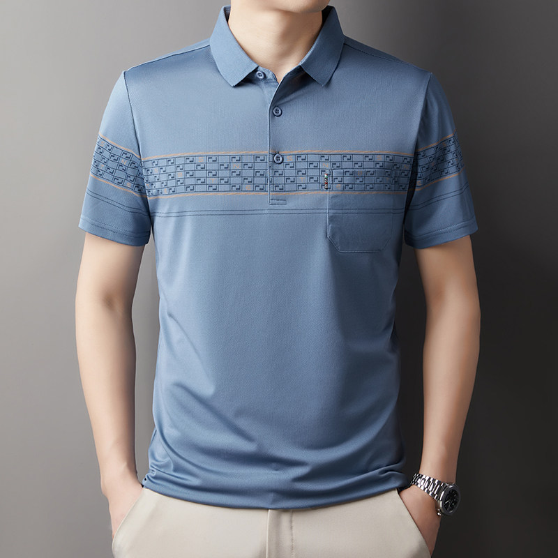 商务翻领Polo衫短袖t恤男士中年爸爸装夏季条纹有口袋冰丝上衣服