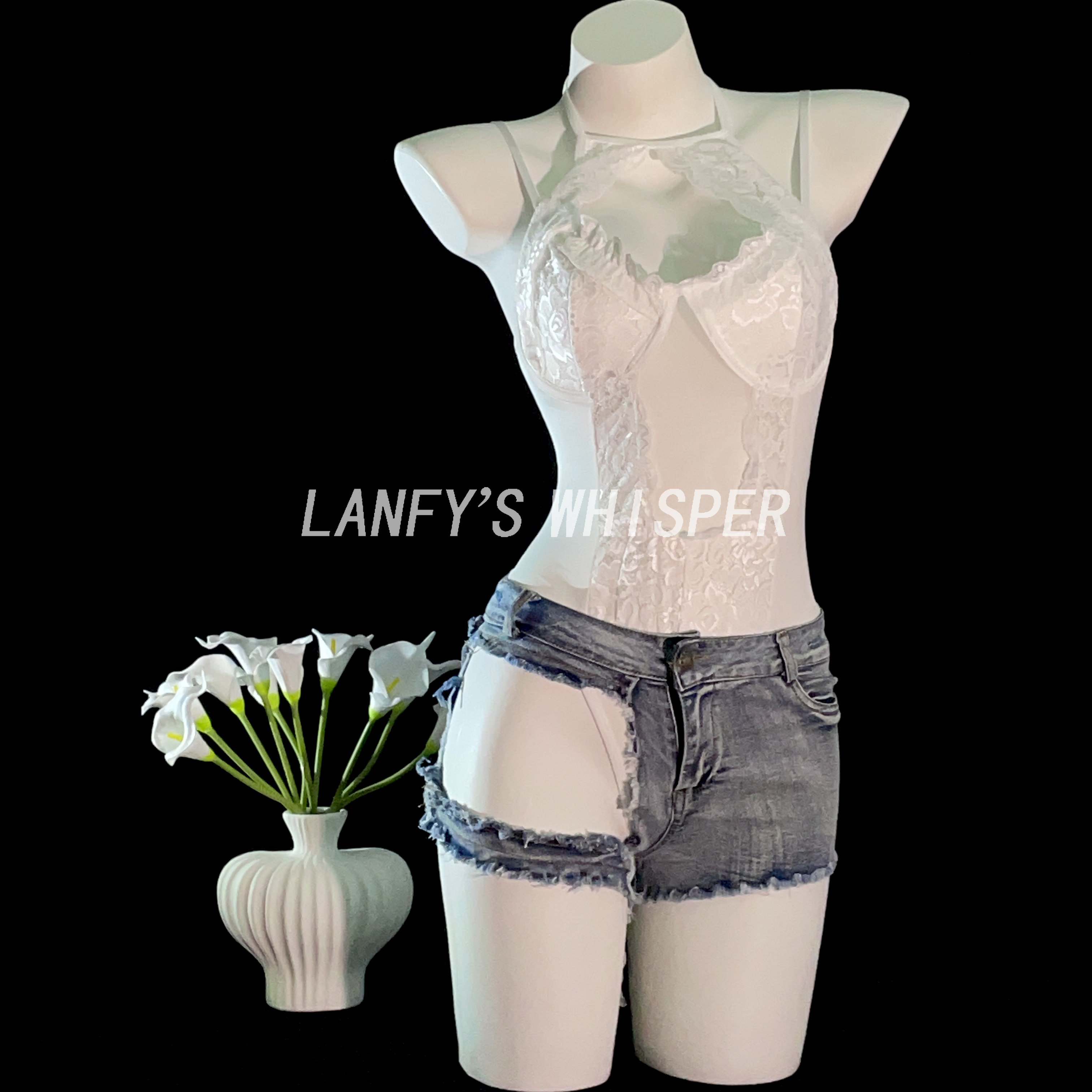 蓝菲私语「誓言花影」 纯欲风连体衣包臀裙性感牛仔短裤制服套装