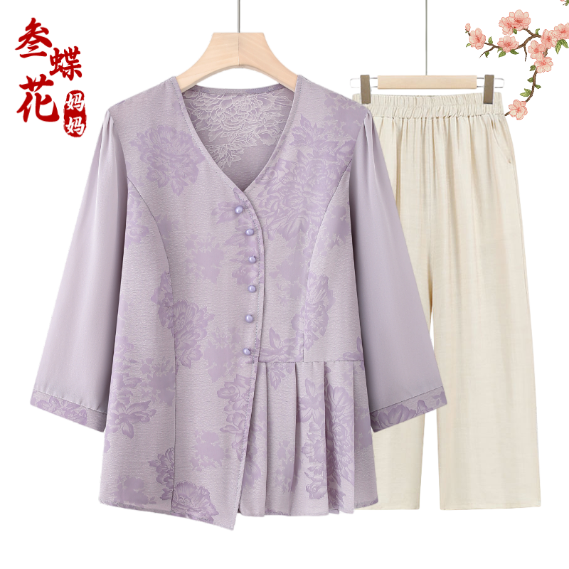 中年妈妈夏装新中式雪纺T恤小衫2025新款洋气中老年女装中袖套装