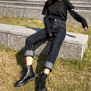 高腰显瘦2019秋冬新款 薄绒直筒黑色牛仔裤 女宽松阔腿老爹烟管长裤