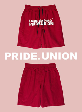 Pride Union骄傲集结法语印花撞色沙滩短裤夏季新款户外运动度假