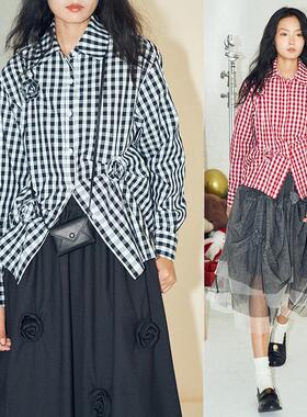 特价，不退不换，手工立裁花朵格子衬衫