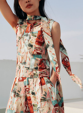 HOWL STUDIO设计师品牌趣味涂鸦随性飘带设计感无袖印花上衣女