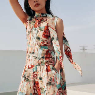 HOWL STUDIO设计师品牌趣味涂鸦随性飘带设计感无袖印花上衣女