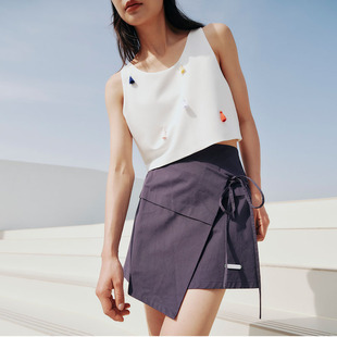 HOWL STUDIO设计师品牌错位绑带收腰不规则深蓝折叠短裙半裙女