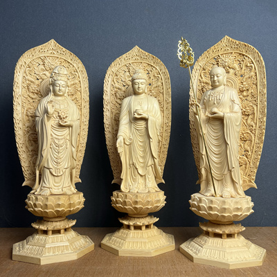 桧木雕婆娑三圣佛像释迦牟尼南海观音大愿地藏王实木摆件家居饰品