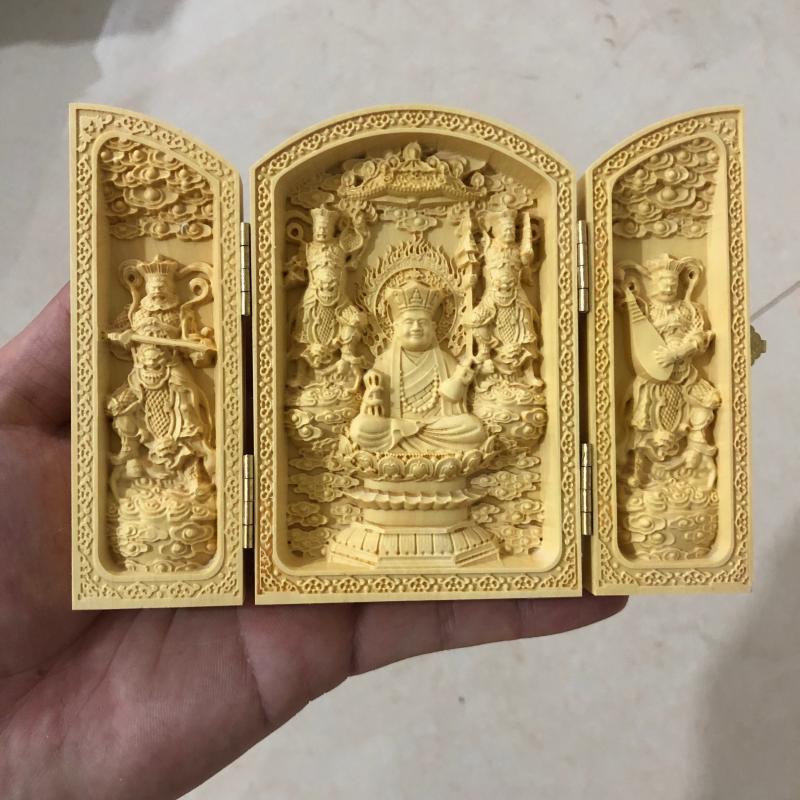 黄杨木雕佛像摆件随身佛龛三开盒