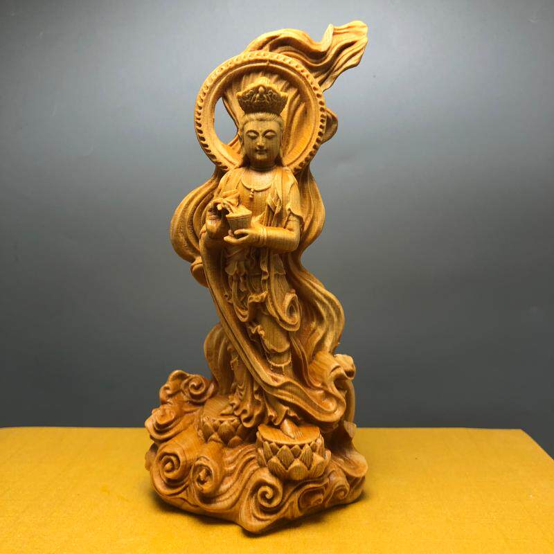 崖柏黄杨木雕渡海观音南海菩萨人物佛像摆件家用车载工艺装饰实木