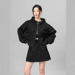 百搭短裙外套两件套 亮闪闪空气层卫衣套装 女2024年秋冬季 新款 时尚