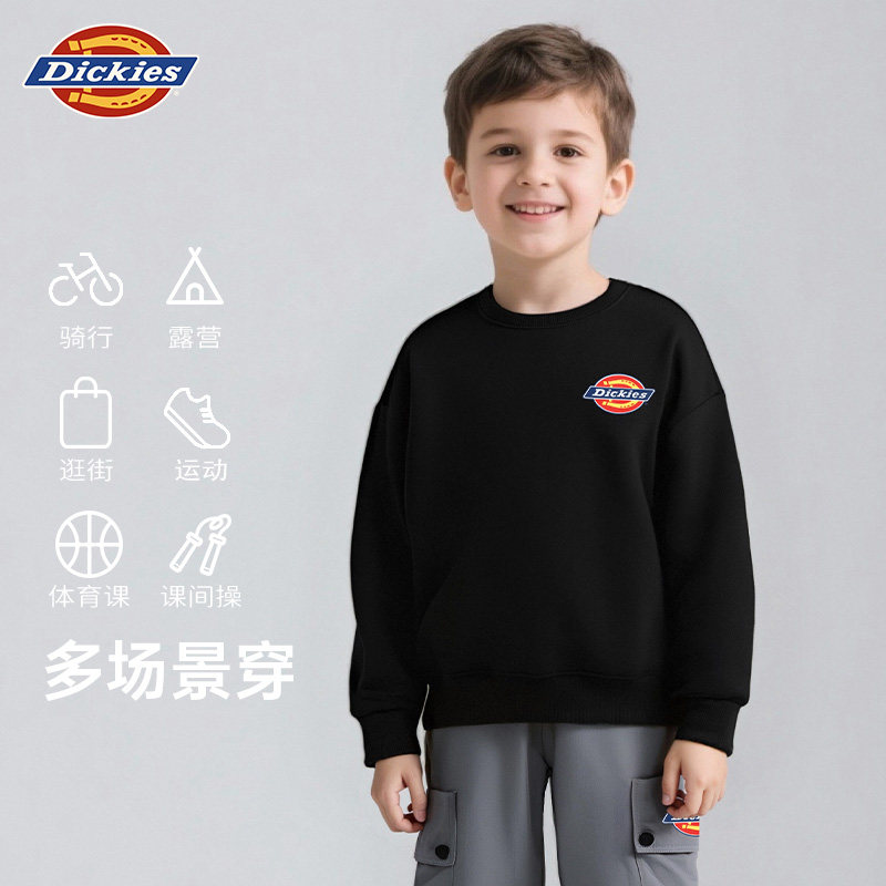 Dickies儿童宽松休闲上衣2025新款秋冬季童装中大童加绒圆领卫衣