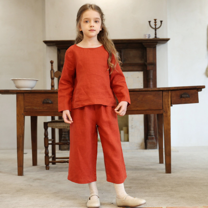 女童亚麻直筒裤套装家居服